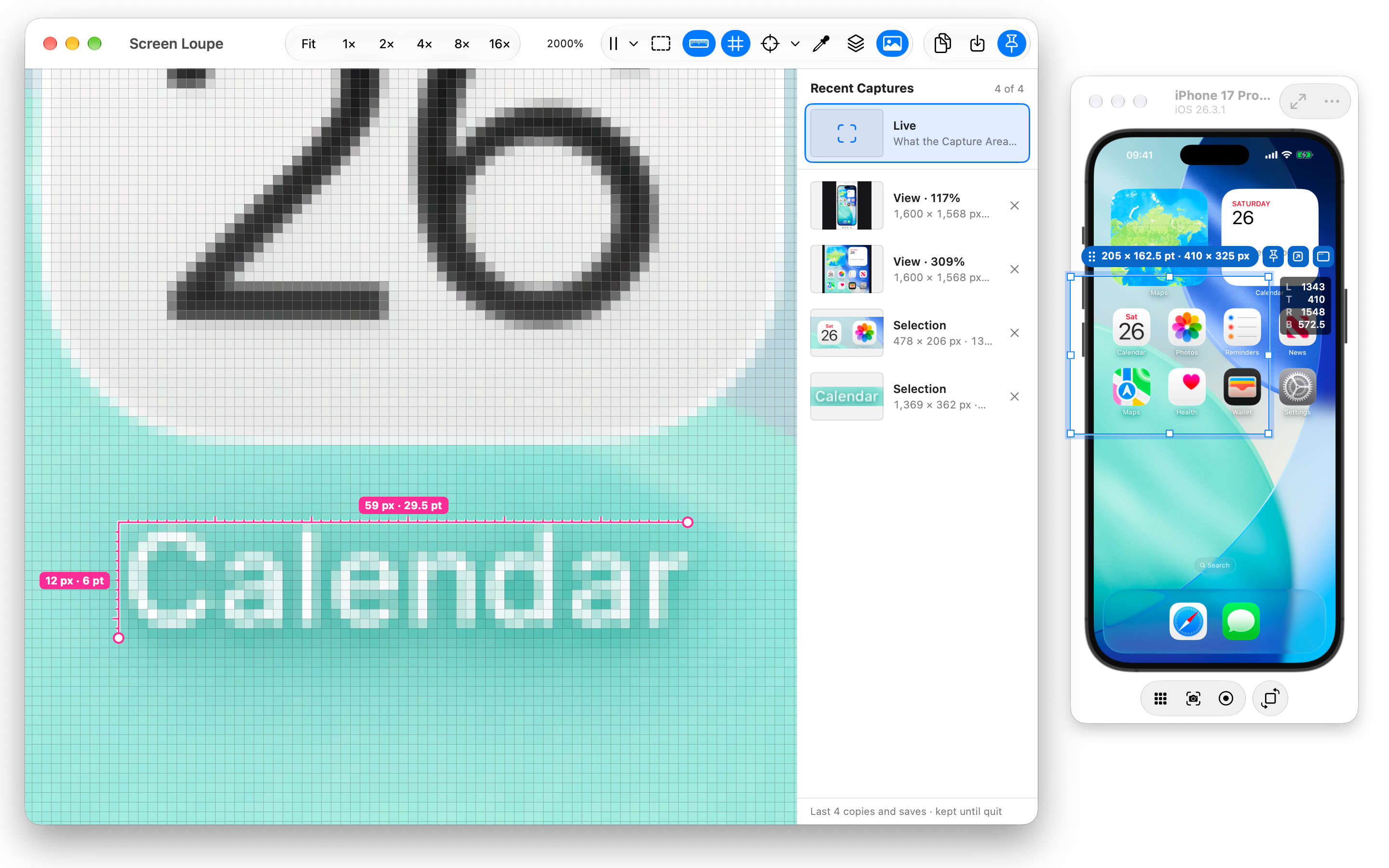 The Viewer at 2000% with the ruler and the pixel grid, beside the Simulator with the Capture Area over it