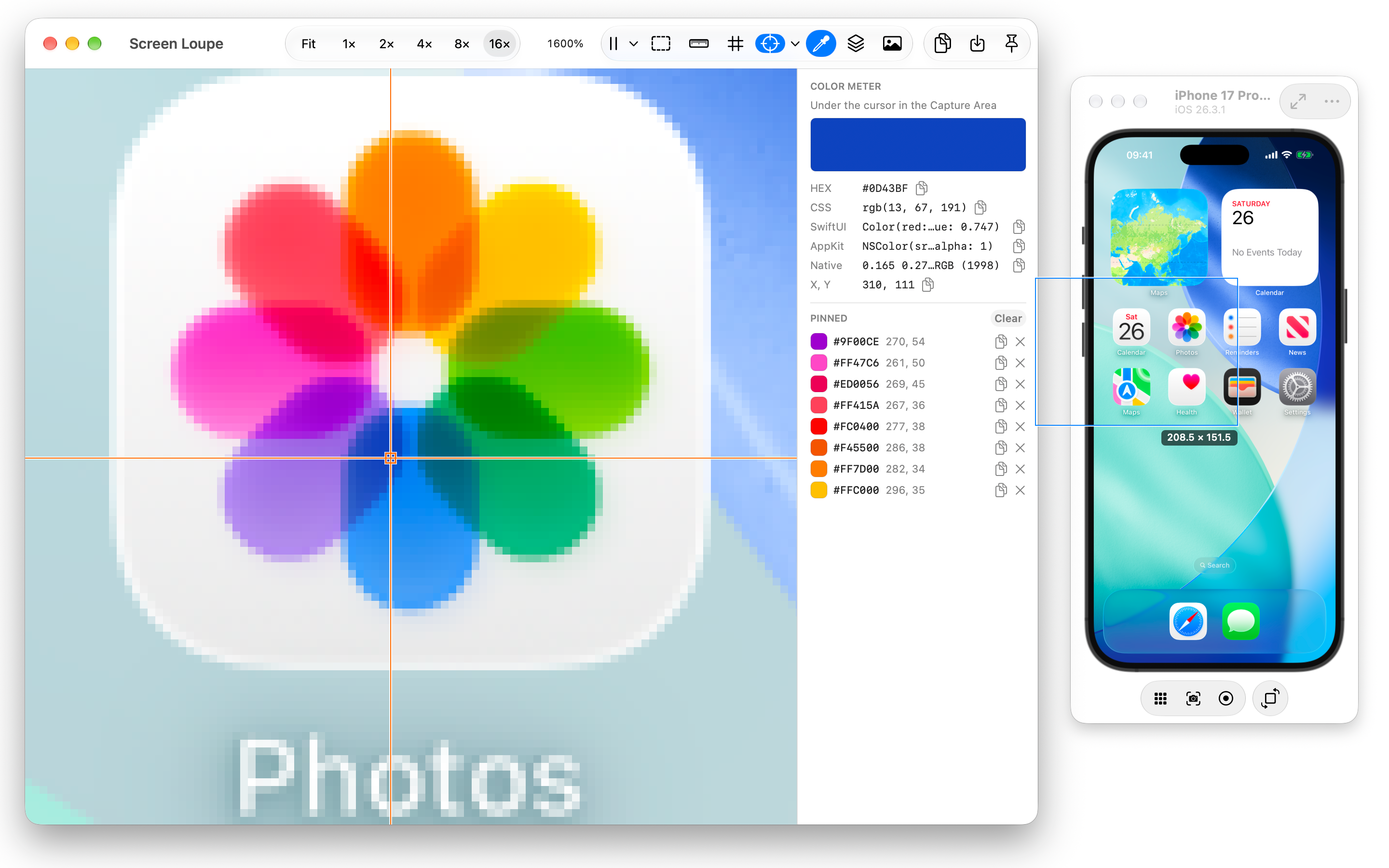 The Color Meter with the crosshair on a pixel