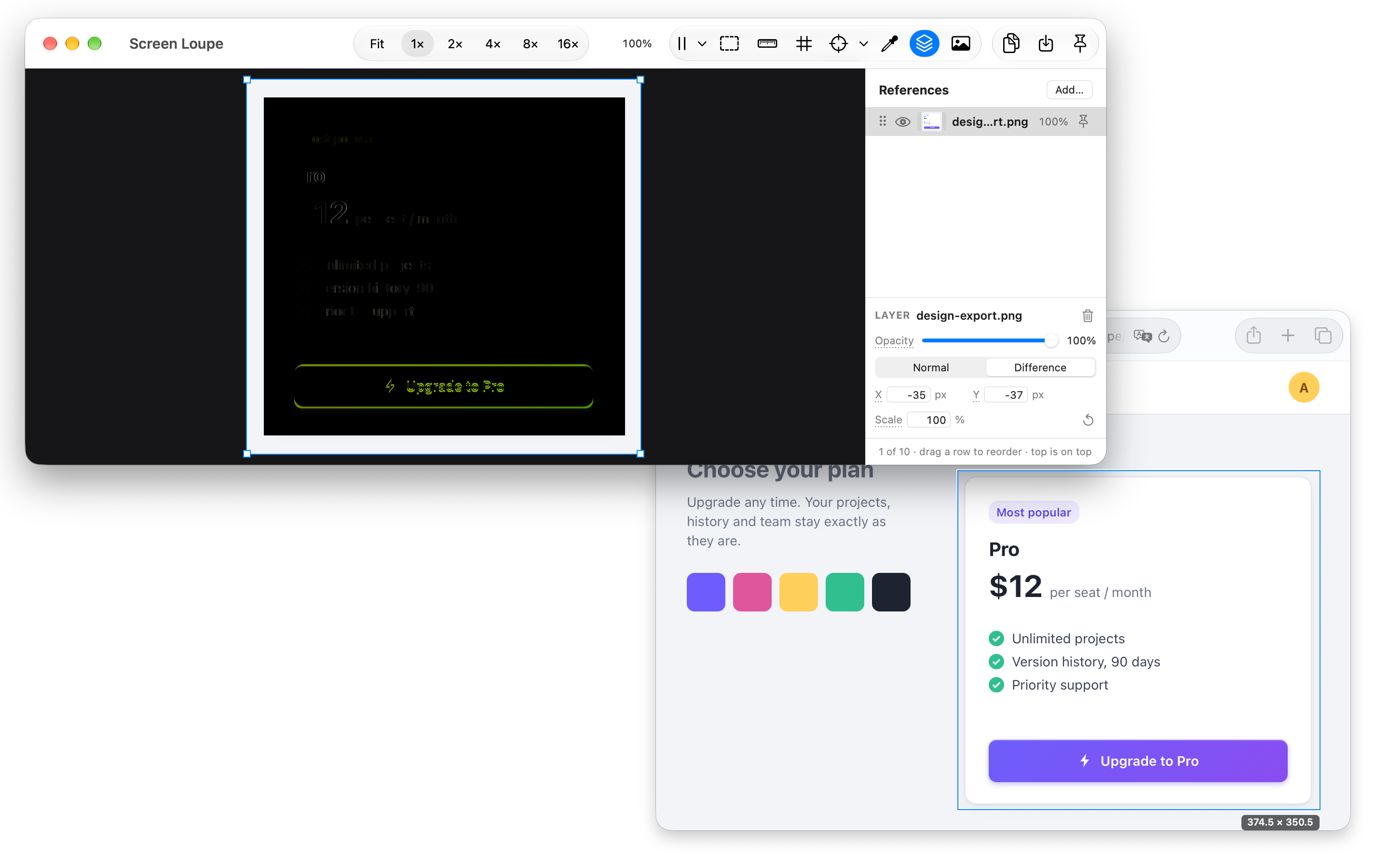A design export laid over a web page in Difference: matching pixels turn black
